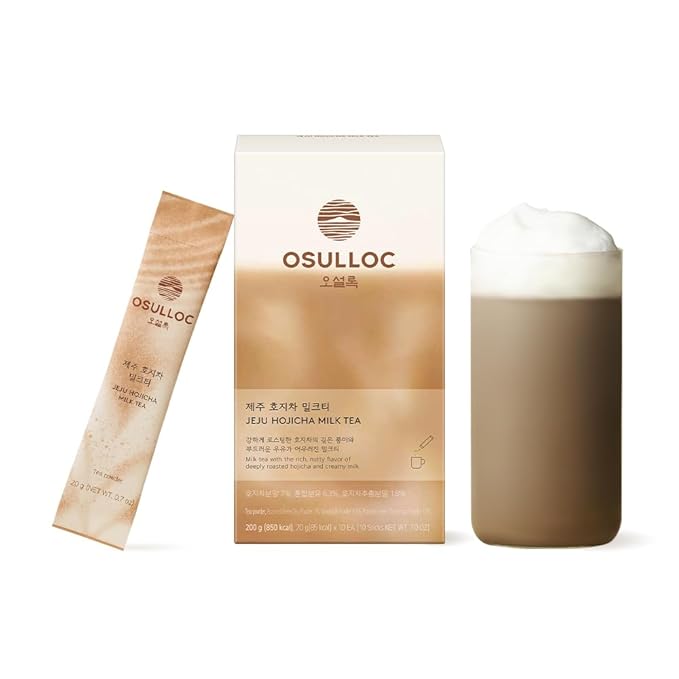 OSULLOC Jeju Hojicha Milk Tea (7oz X 10 Packets), Roasted Hojicha Latte Powder with Vanilla Notes, Instant Milk Tea Drink, Lightly Sweetened