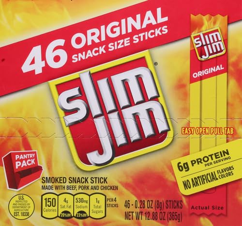 Slim Jim Smoked Meat Sticks,Original Flavor,6g Protein Per Serving,Snack Size,0.28 oz.,46 Count (Pack of 4)