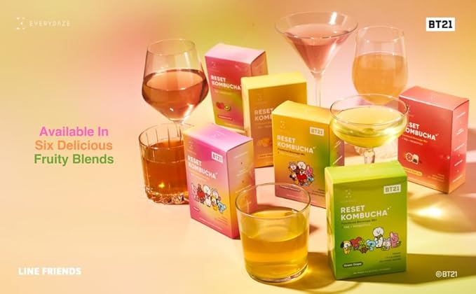 Everydaze Reset Kombucha Tea Powdered Beverage Mix | 10 Sticks | Prebiotics + Probiotics | Vegan | No Added Sugar, Gluten Free, Sparkling Powder Drink Pack (Strawberry Kiwi)