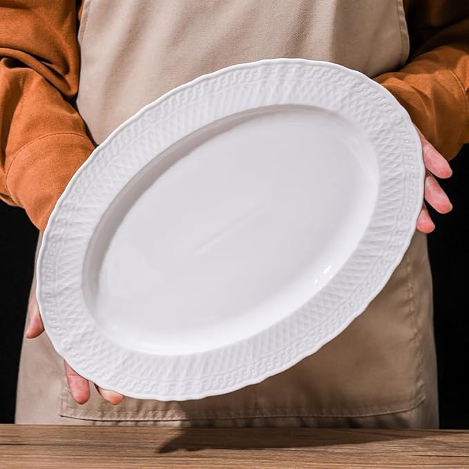 10.5 Inch Porcelain Oval Platters Set of 4,Serving Plates,White,Embossed,Heat Resistant,Scratch Resistant,Highly Glossy Glaze,Dishwasher safe,Microwave safe (Moonshine Oval 10.5'')