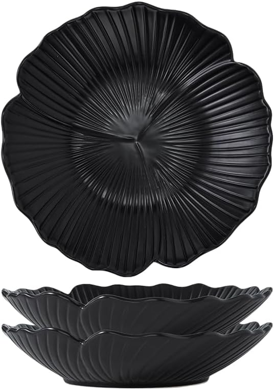 Jusalpha Set of 3-Japanese Style Flower Petal Shaped Porcelain Dinner Plates, Versatile Circular Serving Plates for Breakfast, Salad, Steak Dinner, PL019 (8 Inches, Black)