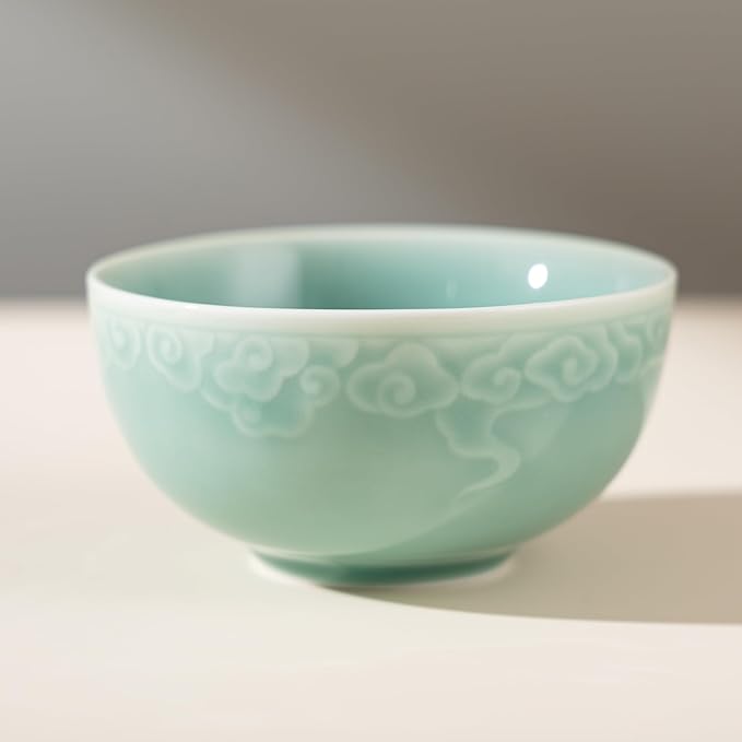 4.5" Green Porcelain Bowls Set of 2,Genuine Longquan Celadon 9.8 Oz Rice Bowls -Sky Cyan