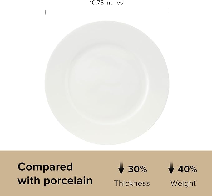 Fine Bone China Dinner Plates 6-Piece, Flate Plate, Pasta Plate 10.75 Inches, Fine Glaze With Pure White Color Sturdy and Durable, Thin Thickness and Light Weight, Microwave and Dishwasher Safe