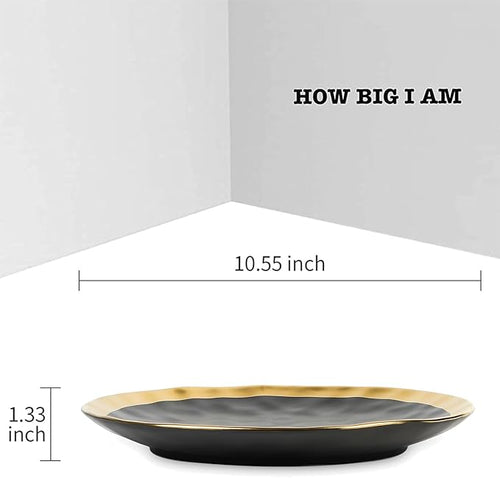 vicrays Ceramic Dinner Plates Set, 10 Inch, Set of 6, Round, Dishwasher Safe, NOT Microwave Safe, Suitable for Steak, Pasta, Home, Party, Restaurant（Black with Golden）