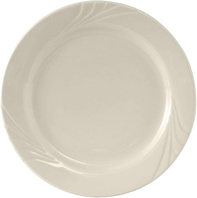 Tuxton China YEA-072 Plate, 7-1/4" Diameter, Round, Wide Rim, Embossed, Microwave and Dishwasher Safe, Oven Proof, Fully Vitrified, Ceramic, TuxCare, Healthcare, Monterey, Pack of 36