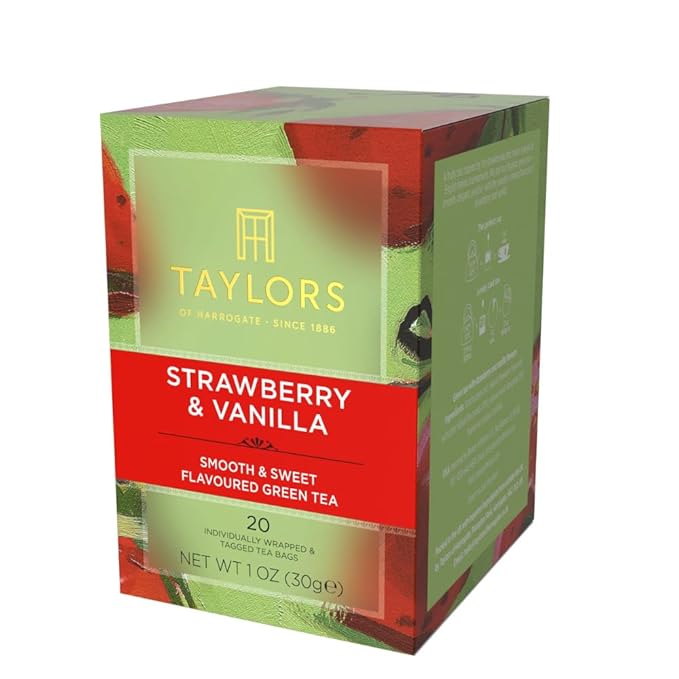 Taylors of Harrogate Strawberry & Vanilla, Green Tea, Individually Wrapped Bags, 20 Count (Pack of 1), Smooth, Juicy and Sweet, Caffeinated, Enjoy Hot or Iced, 20 Teabags