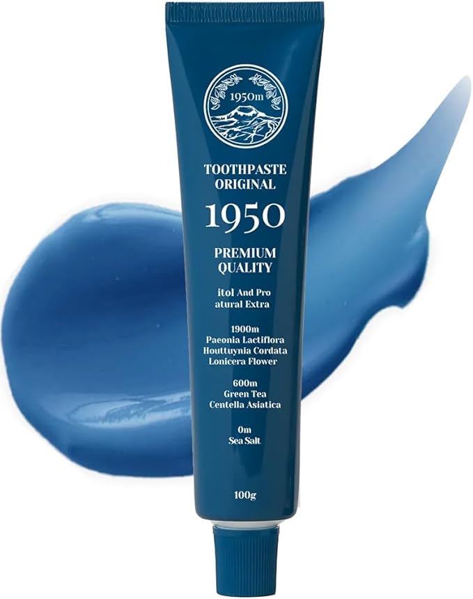 1950 Mineral Salt Blue Toothpaste - Jeju Lava Seawater Salt with Hydroxyapatite for Sensitive Teeth, Gum Care,Brightening, Reminaeralizing, Green Tea Freshness, Fluoride Free, SLS Free (3.5 oz)