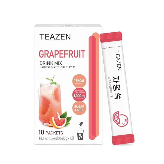 TEAZEN Grapefruit Tea Powder, Sugar Free, Hibiscus and Green Tea, Powdered Mix Beverage from Korea, On-the-Go 10 Packets, 1.76oz