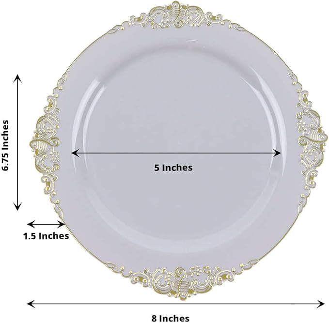 Efavormart 10 Pack | 8" Gray and Gold Baroque Dessert Plates, Leaf Embossed Metallic Rim Heavy Duty Appetizer Plates for Modern Loft Weddings