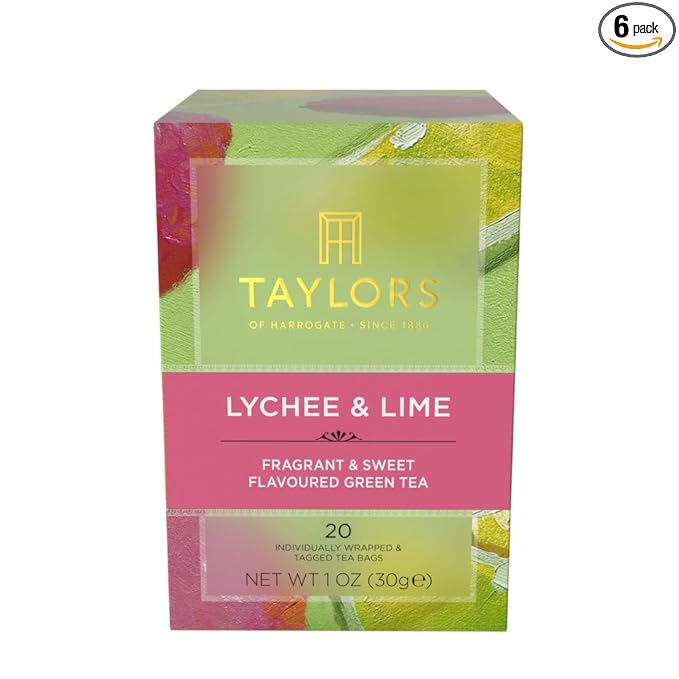 Taylors of Harrogate Lychee & Lime, Green Tea, Individually Wrapped Bags, 20 Count (Pack of 6), Uplifting, Zesty & Lively, Caffeinated, Enjoy Hot or Iced, 120 Teabags Total