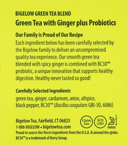 Bigelow Tea Green Tea with Ginger Plus Probiotics, Caffeinated, 18 Count, (Pack of 1), 18 Total Tea Bags