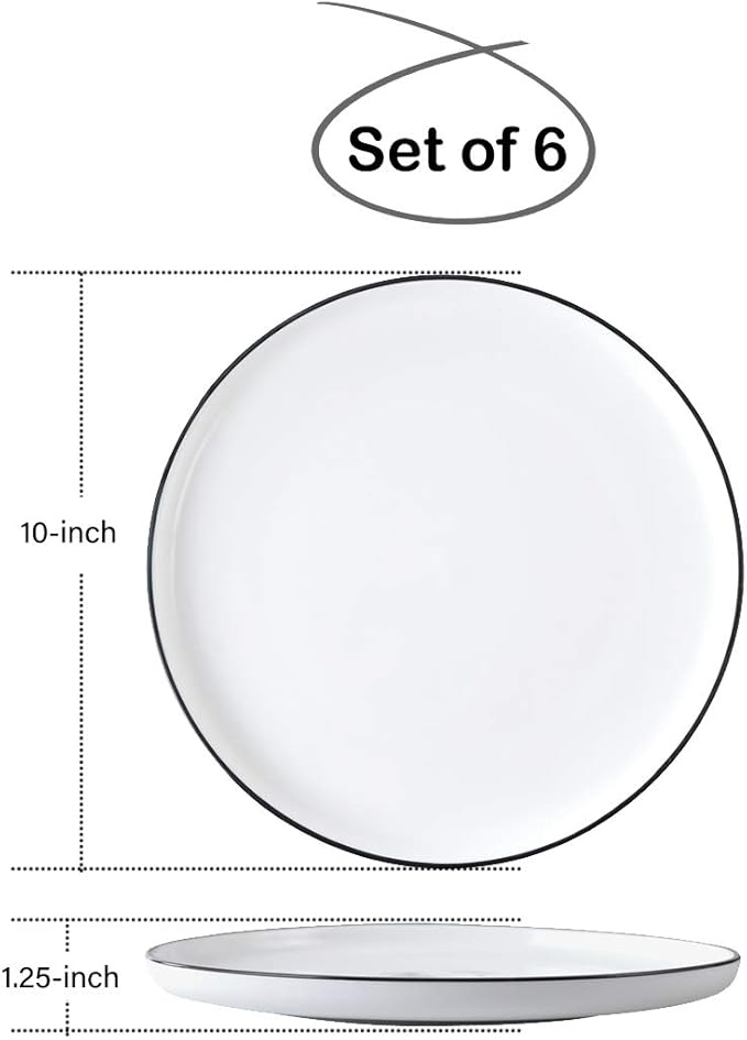 10 Inch Porcelain Dinner Plates, Elegant White with Black Edges Design, Classic Round Serving Plates Set for Steak, Pasta, and Salad, Set of 6