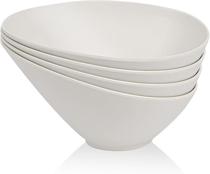 LOVYANXUE Salad Bowls, 4 Packs Serving Bowl, Compostable 33 Ounce Pasta Bowls, Elegant White Angled Bowl for Salad, Pasta, Soup, Prep, Ideal for Home and Restaurant
