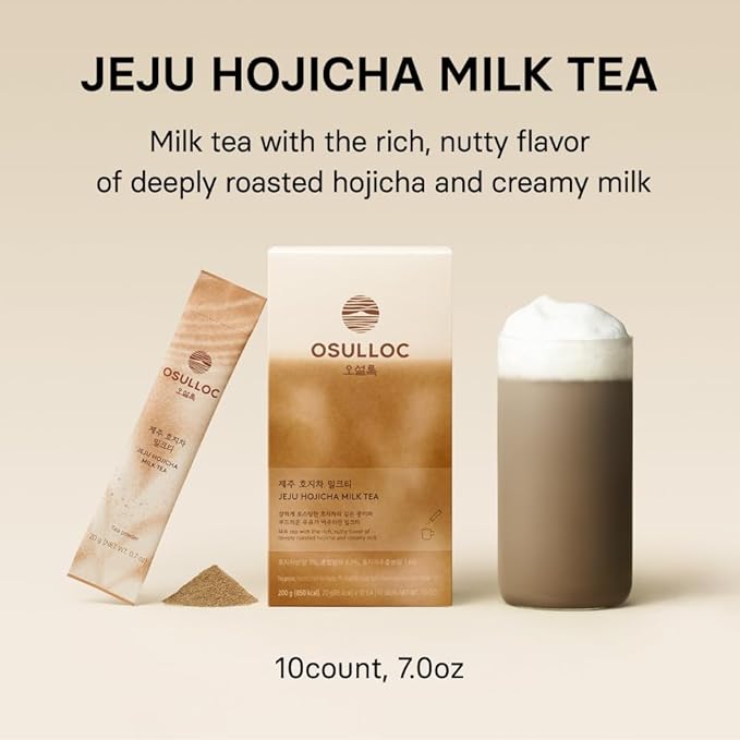 OSULLOC Jeju Hojicha Milk Tea (7oz X 10 Packets), Roasted Hojicha Latte Powder with Vanilla Notes, Instant Milk Tea Drink, Lightly Sweetened