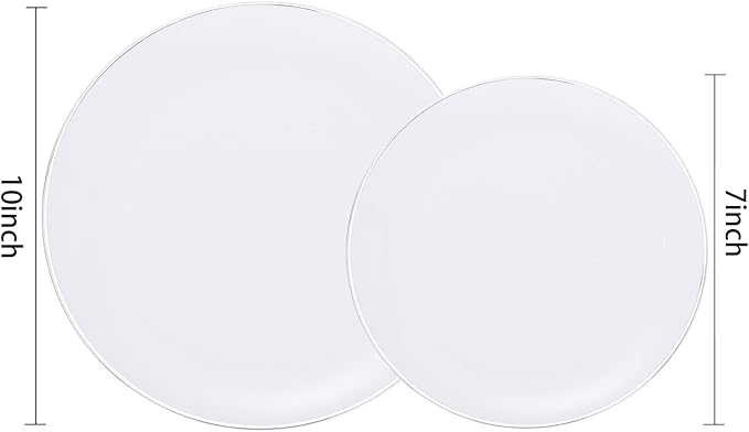 KIRE 200PCS Silver Plastic Plates - White Plastic Plates with Silver Rim Include 100 Dinner Plate and 100 for Dessert/Salad Plate for Birthday/Wedding/Party/Father's Day