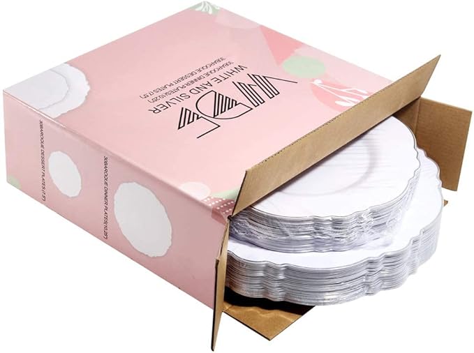 WDF 60pcs Silver Plastic Plates-Baroque White &Silver Plates for Upscale Parties &Wedding-including 30Plastic Dinner Plate 10.25inch, 30 Salad Plate 7.5inch for Baby/Shower/Wedding/Independence Day
