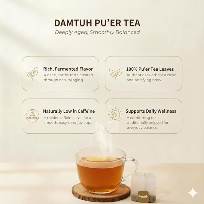 Damtuh Korean Pu-erh Tea – Aged & Smooth Dark Tea, Full-Bodied Earthy Flavor – 50 Tea Bags (Pack of 2)