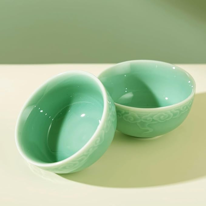 4.5" Green Porcelain Bowls Set of 2,Genuine Longquan Celadon 9.8 Oz Rice Bowls -Classic Cyan