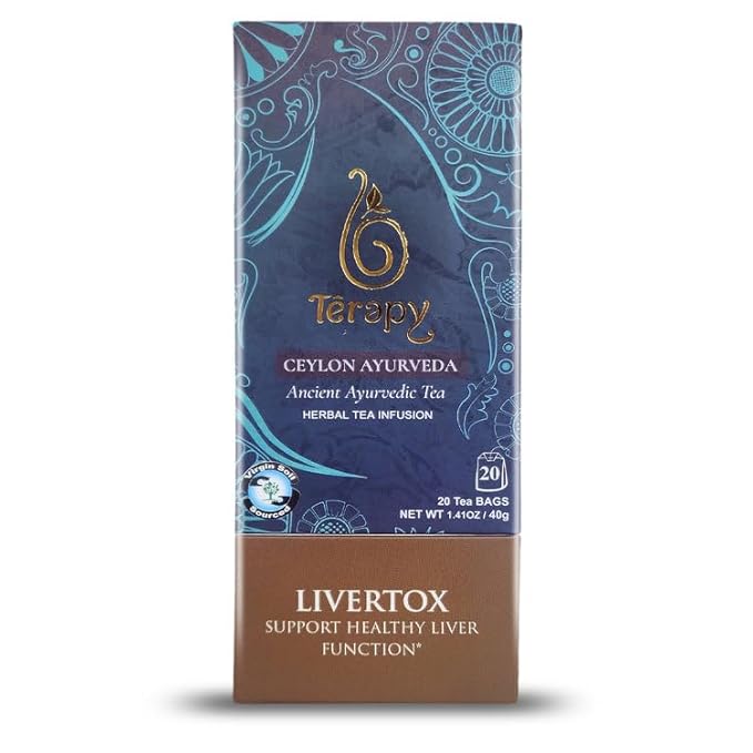 TERAPY Ceylon LIVERTOX Herbal Tea Bags – Fatty Liver Detox & Kidney Cleanse with Turmeric, Aloe Vera, Lemongrass – Ayurvedic Detox Green Tea – 20 Individually Wrapped, All-Natural Tea Bags (1 Pack)