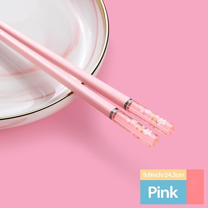 5 Pairs Fiberglass Chopsticks, Reusable Premium Japanese Chinese Korean Chopsticks Dishwasher Safe, Non-slip, Lightweight, 9.6 inches, Pink-Clear Sakura