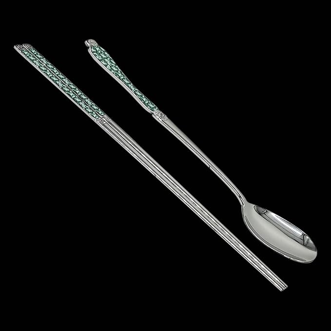 [Made in Korea] Goryeo Celadon Design Korean Table Sticky Rice Spoon and Chopsticks 430 Stainless Steel Glossy Surface Mukbang Cutlery (Blue, 5 Sets)