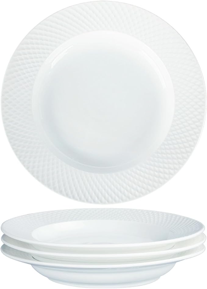 Ceramic soup bowl set of 4,5.1 ounce shallow bowl,White Dinner Bowls Plates,Porcelain wide-rimmed salad plate,Suitable for salads and pasta,Microwave and dishwasher safety