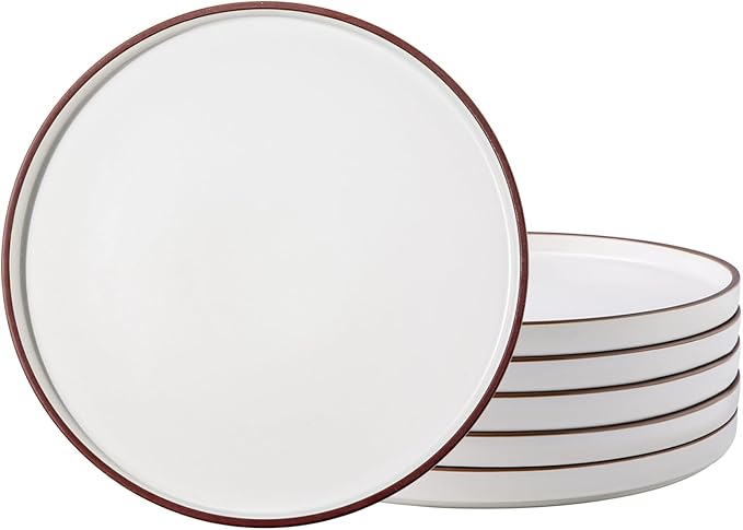 LERATIO Ceramic Plates,8.0 Inch Flat Salad Plates Set of 6,High Edge Modern plates for Kitchen,Microwave & Dishwasher & Oven Safe, Scratch Resistant Dishes Set-Matte White with Rim