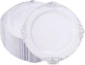 Hioasis 100pcs White Silver Plastic Plates for Party - 7.5" Dessert Plates Disposable, Heavy -duty, Classy and Elegant for Wedding