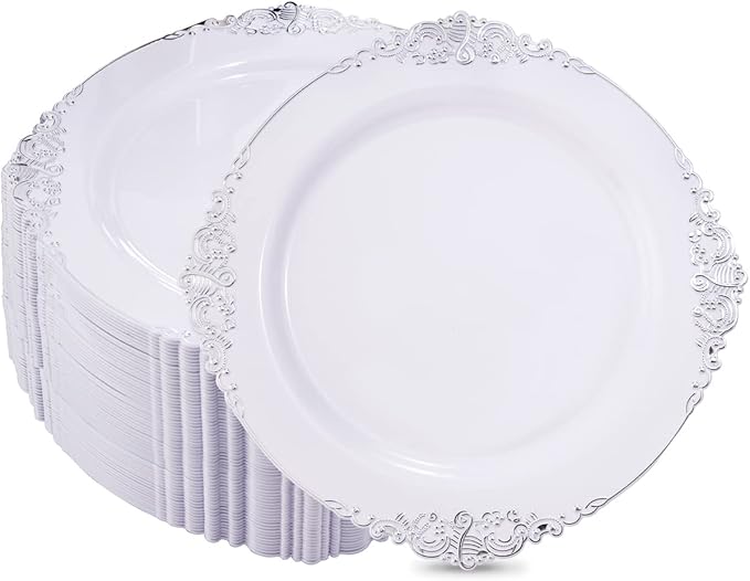 Hioasis 100pcs White Silver Plastic Plates for Party - 7.5" Dessert Plates Disposable, Heavy -duty, Classy and Elegant for Wedding