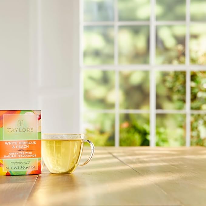 Taylors of Harrogate White Hibiscus & Peach, Green Tea Individually Wrapped Bags, 20 Count (Pack of 6), Delicate, Fruity and Sweet, Caffeinated, Enjoy Hot or Iced, 120 Teabags Total