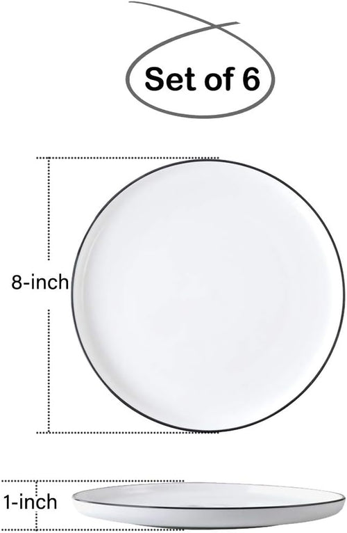 8 Inch Porcelain Lunch Plates, White with Black Edges Dessert Plate, Classic Round Serving Plate for Steak, Pasta and Salad, Set of 6