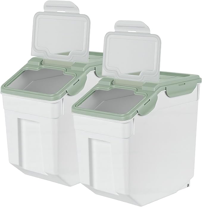 2 Pack 55 Lbs Airtight Rice Storage Container, Large Pantry Bin with Locking Lid & Wheels, Food-Grade PP Dry Goods Dispenser with Measuring Cup for Flour Grain Cereal Pet Food Kitchen Organization Gr