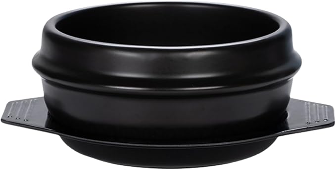 XICHENGSHIDAI Korean Stone Bowl with Tray, Dolsot Bibimbap Bowl, Earthenware Ceramic Hot Pot for Soup, Stew, Rice, Ramen and Ttukbaegi, Oven & Stovetop Safe, Black - 27oz