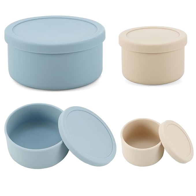 PandaEar 2 Pack Silicone Baby Food Containers, Reusable Toddler Snack Cups with Lids for Baby Food, BPA Free（Blue/Flesh）
