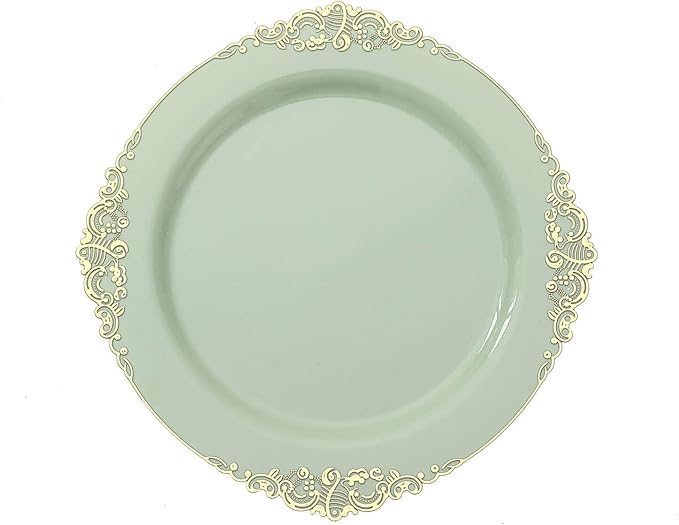Efavormart 10 Pack | 10" Sage Green and Gold Baroque Dinner Plates, Leaf Embossed Metallic Rim Heavy Duty Serving Plates for Spring Receptions