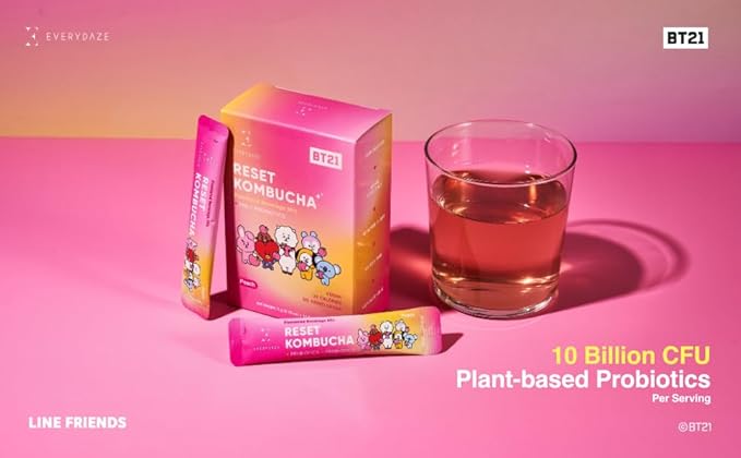 Everydaze BT21 Reset Kombucha Tea Powdered Beverage Mix | 10 Sticks | Prebiotics + Probiotics | Vegan | No Added Sugar, Gluten Free, Sparkling Powder Drink Pack (Peach)