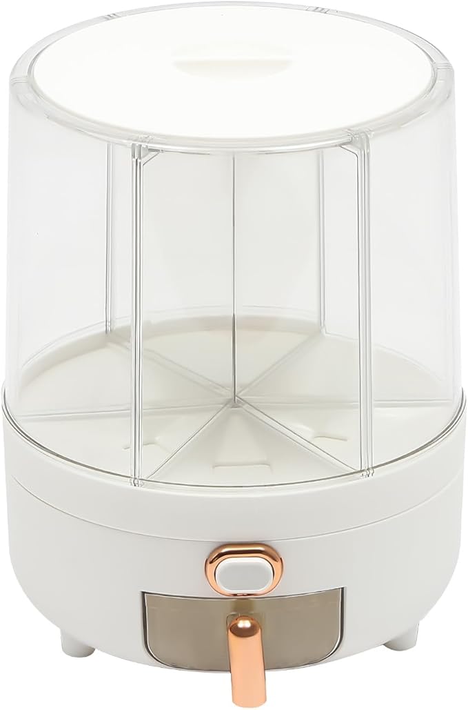 Rice Dispenser, 6 Grid 360° Rotating Cereal Dispenser Rice Container Holder with Lid, Grain Storage Organizer for Kitchen Countertop Dry Food, White, 14.3lbs