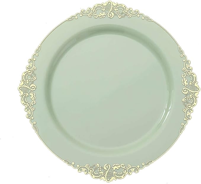 Efavormart 10 Pack | 8" Sage Green and Gold Baroque Dessert Plates, Leaf Embossed Metallic Rim Heavy Duty Appetizer Plates for Outdoor Garden Socials