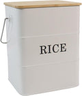 Rice Container Metal Rice Storage Bin, Rice Storage Box with Airtight Bamboo Lid & Scoop, Food Storage Container for Rice Flour Soybean Grain Cereal (White)
