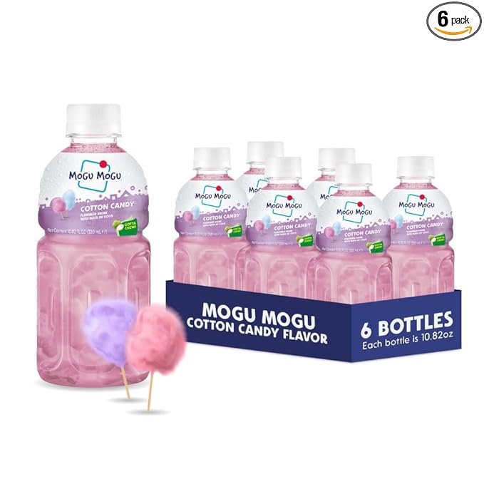 Mogu Mogu Drink Cotton Candy (6 Bottles) Delicious drinks made with nata de coco (coconut jelly). Fun chewable juice boxes for kids. Famous Asian drinks. Juice bottles made for adults and kids. Ready to drink