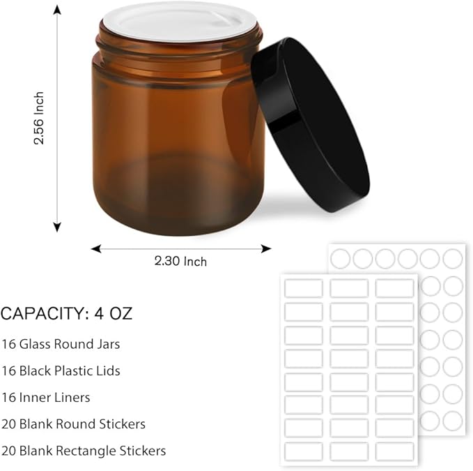 4 oz Glass Jars with Lids, 16 Pack Amber Jars with Lids & Inner Liners, Wide Mouth | Glass Black Mason Jars for Cream, Lotion, Honey, Jam, Jelly | Kitchen & Home