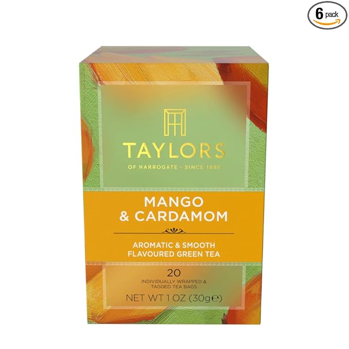 Taylors of Harrogate Mango & Cardamom, Green Tea Individually Wrapped Bags, 20 Count (Pack of 6), Delicate, Refreshing & Sweet, Caffeinated, Enjoy Hot or Iced, 120 Teabags Total