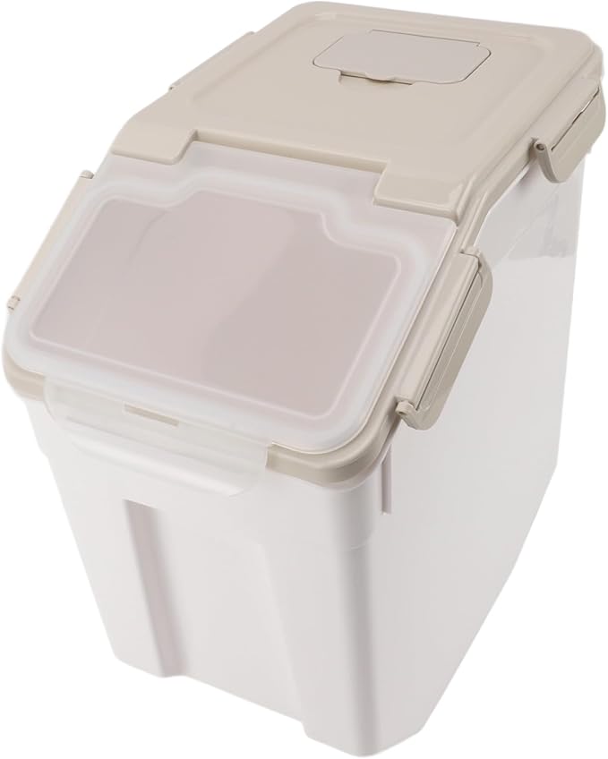 aqxreight Rice Storage Container with Airtight Lid for Kitchen – Thickened PP Grain Bin with Measuring Cup, Compatible with Rice, Flour, and Dry Goods, Beige