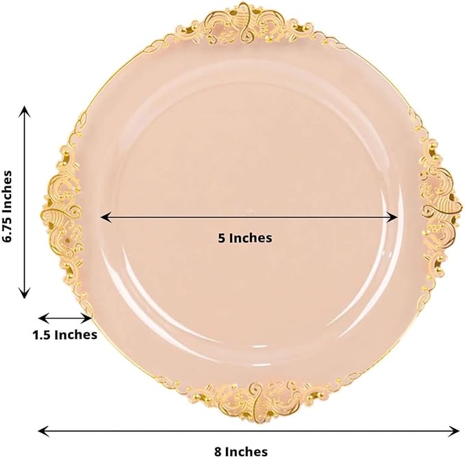 Efavormart 10 Pack | 8" Translucent Blush and Gold Baroque Dessert Plates, Leaf Embossed Metallic Rim Shatterproof Appetizer Plates for Spring Showers