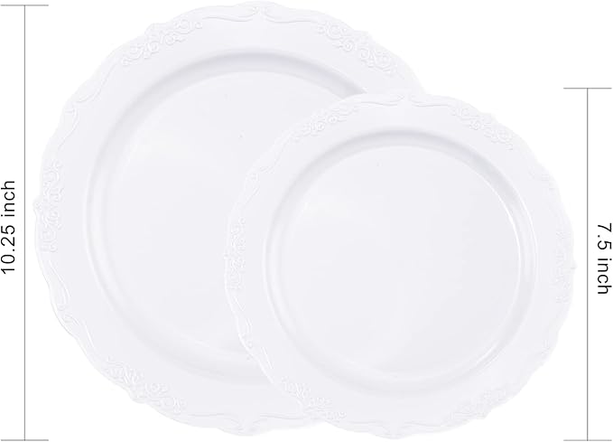 U-QE 100 Pieces White Plastic Plates - White Disposable Plates - Premium Hard Plastic Disposable Plates for Wedding and Party Use Including 50 Dinner Plates 10 '' & 50 Dessert Plates 7.5 ''