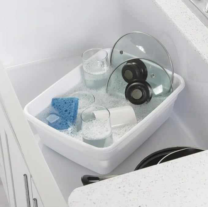 (2 Pack) Plastic Wash Tub Dishpan Basin and Foot Bath for Soaking Feet, Laundry Hand Wash Bucket, Dish Pans for Washing and Storage Cleaning Supplies - 8 Quarts - Heavy Duty - Made in USA (White)