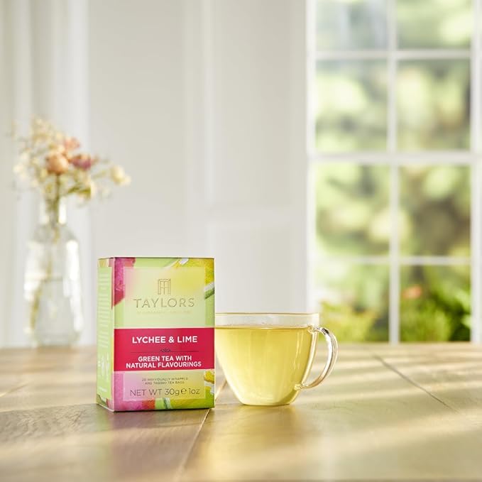 Taylors of Harrogate Lychee & Lime, Green Tea, Individually Wrapped Bags, 20 Count (Pack of 6), Uplifting, Zesty & Lively, Caffeinated, Enjoy Hot or Iced, 120 Teabags Total