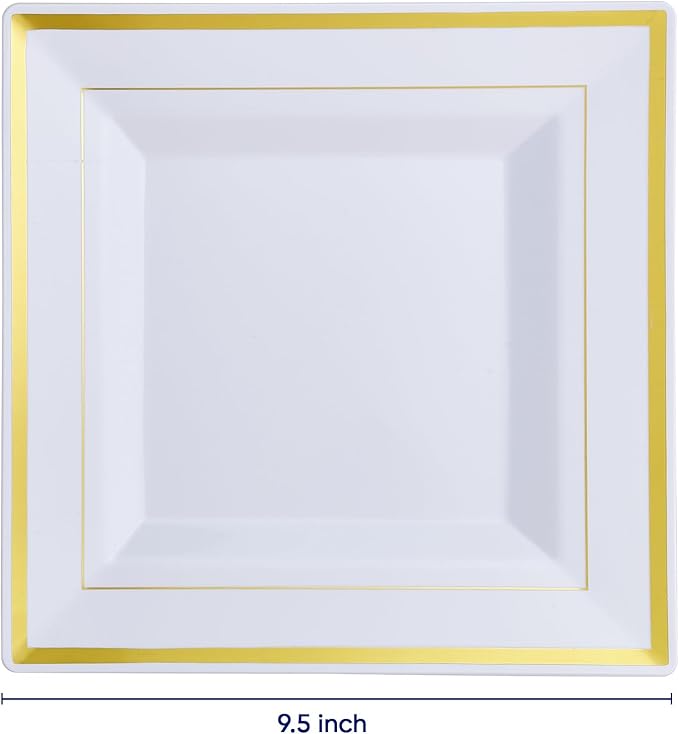 JOLLY CHEF 60 Pack Plastic Dinner Plates- Square Gold Plastic Plates with Elegant Gold Rim 9.5 Inch Disposable for Wedding, Birthday, Halloween and Party