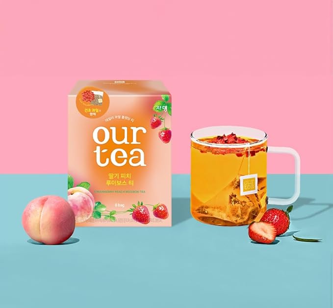 ROASTIQUE Strawberry Peach Rooibos Tea with Real Dried Fruit – Premium Orgainc Tea Sweet Fruit Blend Hot or Iced Tea Eco-friendly PLA bags, 8 Tea Bags
