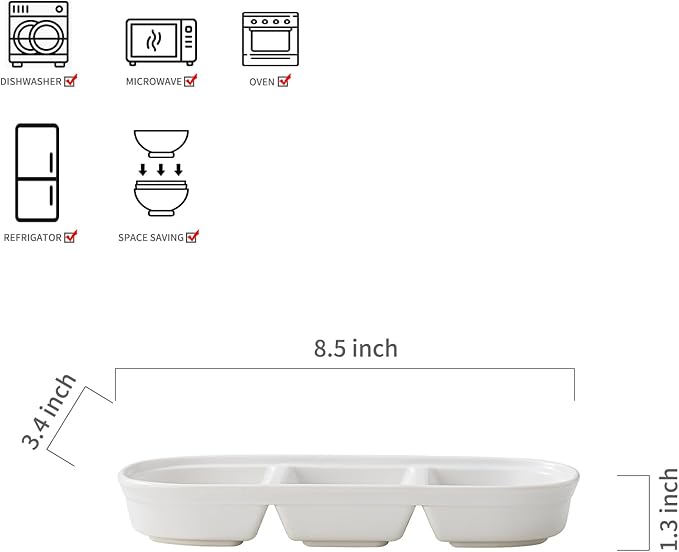 2PCS Ceramic Dishes, Ceramic Dish Stainless Steel Soy Tomato Sauce Salt Vinegar Sugar Spices Flavor Condiment Dip Bowls Korean BBQ Home Kitchen Plates, 3 Compartment Sauce Dish (3 Grids White)
